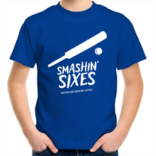 Load image into Gallery viewer, SMASHIN’ SIXES - BUSHFIRE APPEAL KIDS YOUTH T-SHIRT (REVERSE)